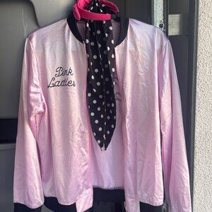 Womens Grease Bomber Jacket Pink Ladies Spell Full Zip w/ Scarf & Glasses & Bow